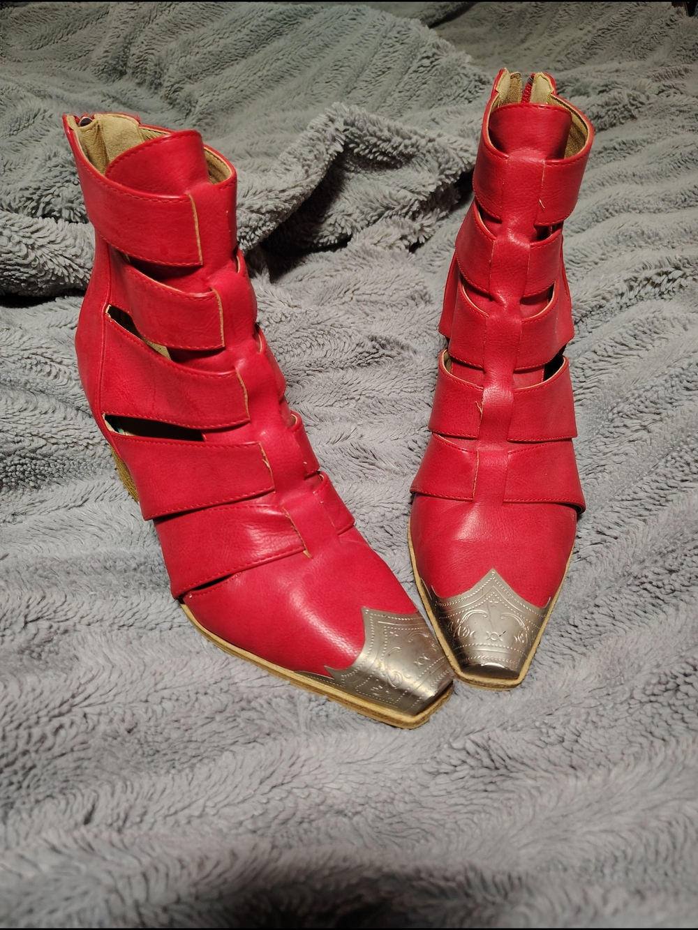 BEAST FASHION Red Leather Cutout Ankle Boots with Silver Metallic Toe